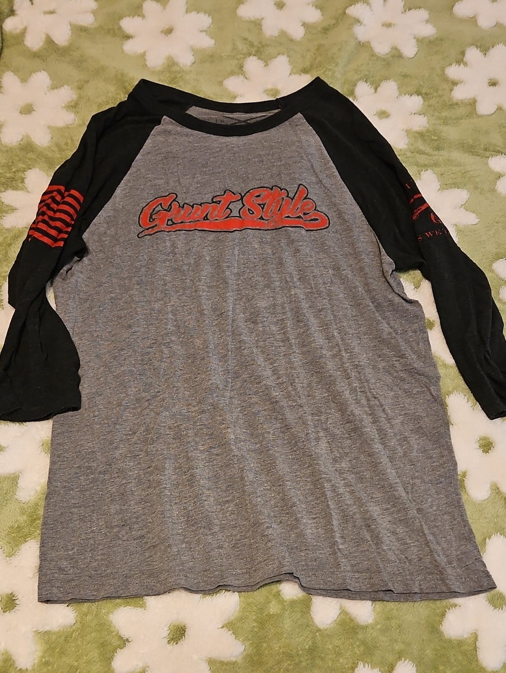Grunt Style Grey & Black 3/4 Sleeve Raglan with Red Logo